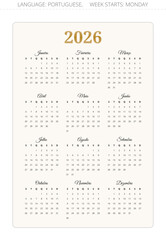PORTUGUESE modern calendar for 2026 year. Portugal