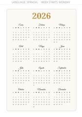 Spanish 2026 year calendar. Spain.