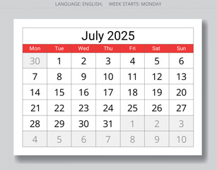 2025 july calendar. Monday start