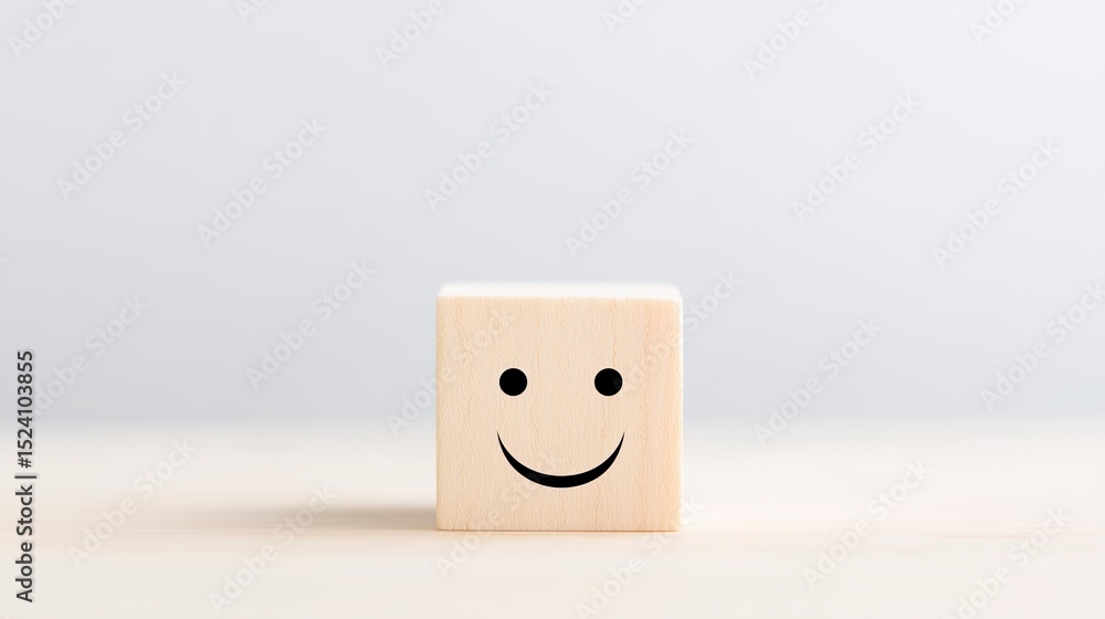 Poster wooden block with a smiling face design, placed on a light wooden surface, creating a cheerful and p