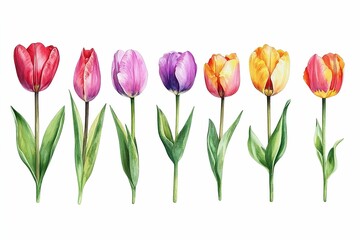 Obraz premium Three tulips of different colors are standing upright on a white background. , isolated on white background.