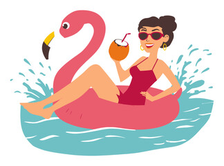 Cheerful Woman Enjoying Summer on a Flamingo Float with Refreshing Drink