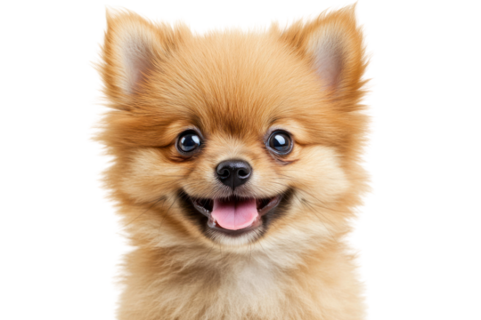 Pomeranian Puppy's Joyful Gaze: A captivating headshot of a Pomeranian puppy, showcasing a delightful, joyful expression with its tongue slightly protruding.
