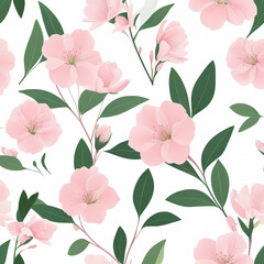 Square minimalist graphic design featuring a seamless pattern of delicate spring blossoms with soft pink petals and green leaves on a clean white background