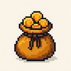 A retro-style 8-bit pixel art illustration of a golden pouch filled with shimmering coins, set against a clean white background