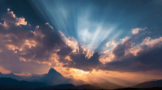 a wide sky above a quiet mountain peak, golden light shining through clouds, peaceful and powerful, nature worship scene, symbolic of God's sovereignty 