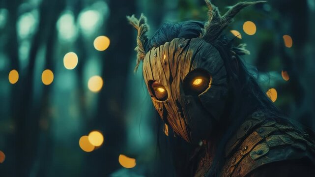 Mysterious Forest Dweller with Glowing Eyes in Enchanted Woodland Backdrop