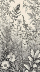 Vertical seamless background in vintage engraving style, featuring detailed hand-drawn herbs and leaves in black and white. Perfect for elegant packaging, labels, and natural-themed branding