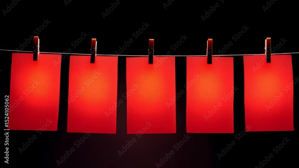Poster row of four vibrant red papers hanging on a string against a dark background