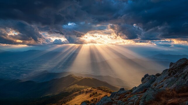 a wide sky above a quiet mountain peak, golden light shining through clouds, peaceful and powerful, nature worship scene, symbolic of God's sovereignty 