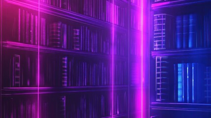 Abstract digital rendering of a bookshelf with bright pink and blue glowing lights
