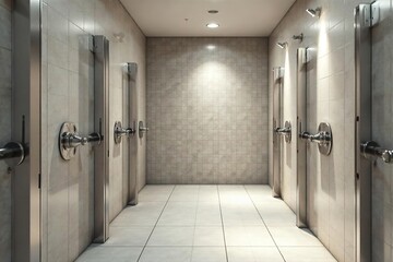Clean, modern locker room showers with tiled walls and individual shower heads, ready for use Stainless steel fixtures gleam under bright lighting , individual, minimalist, facility