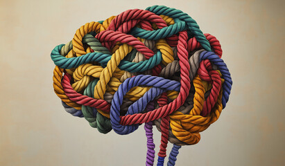 O espectro da sa&uacute;de mental como um c&eacute;rebro emaranhado de diversas cordas torcidas em um &oacute;rg&atilde;o pensante humano como um s&iacute;mbolo cognitivo