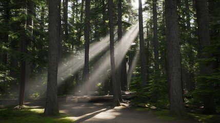 Obraz premium Sunbeams filtering through a forest landscape