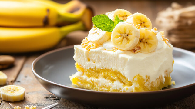 Vista de um delicioso bolo nutritivo com creme e pudim de banana madura em um prato