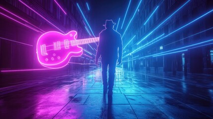 Fototapeta premium Figure walking down neon-lit city street beside a hovering guitar outline
