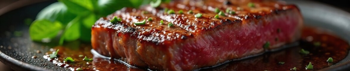 Juicy, perfectly seared fillet steak, glistening with flavorful pan juices, ready to be savored Close-up shot highlighting the texture and rich color , high-end, gastronomy, medium-rare