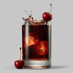 Refreshing glass of cola with ice and cherries splashing against a light gray background