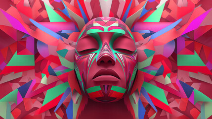 Vibrant digital artwork features stylized human face with closed eyes, surrounded by colorful geometric shapes and patterns