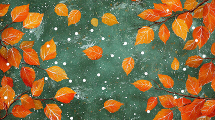 Autumn leaves falling on textured green background with white paint splatters, creating vibrant and dynamic seasonal scene