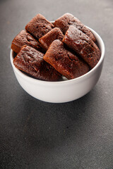 Financier biscuit chocolate cookie sweet dessert fresh delicious gourmet food background on the table rustic food top view copy space