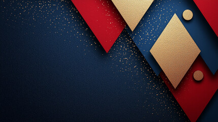 Celebration background with red, blue, and gold geometric shapes and glittering accents, creating festive and elegant