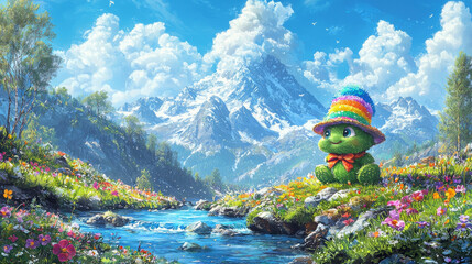 Colorful cartoon frog wearing rainbow hat and red bow sits rock beside flowing river vibrant mountain landscape with snow
