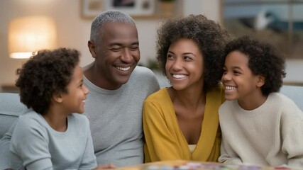 A joyful family moment in a modern living room engaging with a tablet - Powered by Adobe