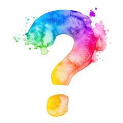 Colorful question mark with watercolor texture and splashes, isolated on white background, symbolizing curiosity, creativity, and inquiry

