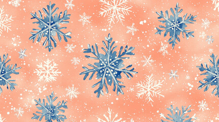 Festive pattern featuring blue and white snowflakes on soft peach background, creating cheerful winter holiday atmosphere