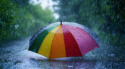 Colorful umbrella rain with water droplets outdoor scene rainy weather wet ground vibrant colors nature background rainy day