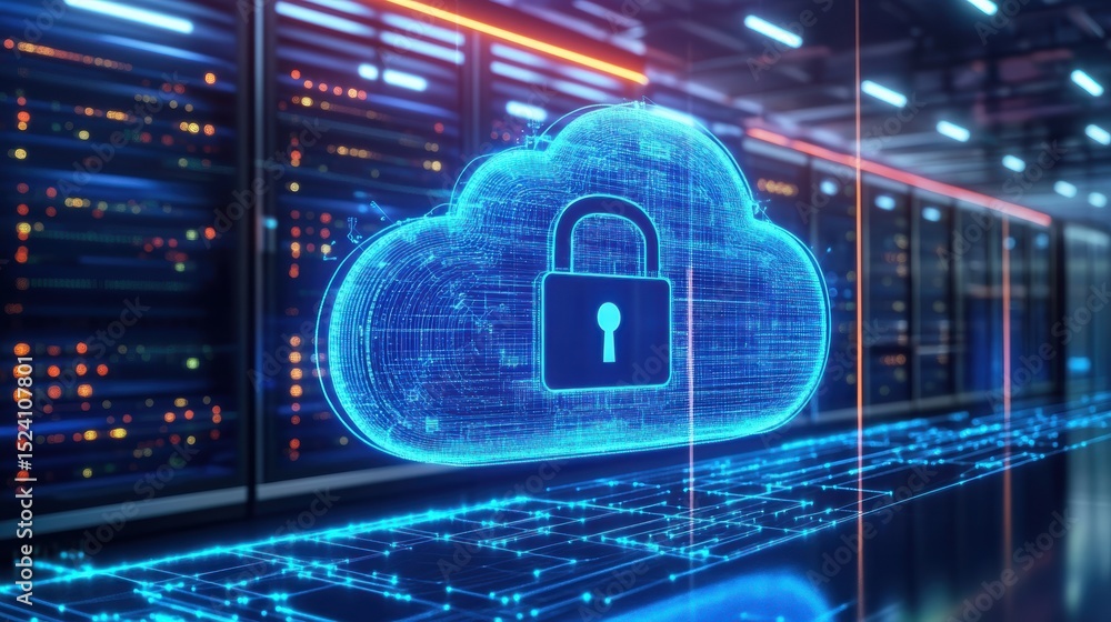 Poster a glowing digital cloud with a padlock icon represents secure cloud storage in a futuristic data cen