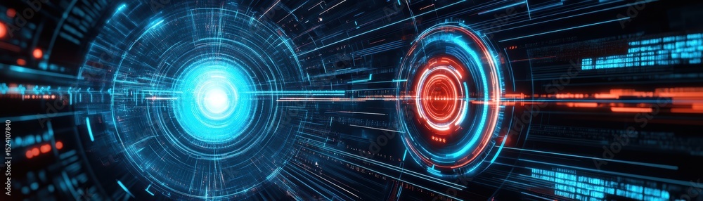 Poster futuristic digital interface with glowing blue and red circular elements, representing advanced tech