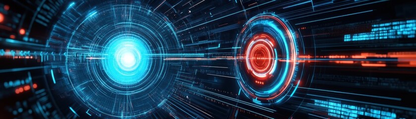 Obraz premium Futuristic digital interface with glowing blue and red circular elements, representing advanced technology or data visualization.
