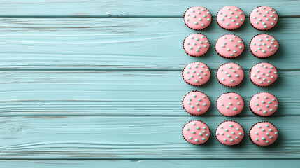 Delicious pink cookies with white dots arranged on light blue wooden surface, perfect for sweet treat or celebration