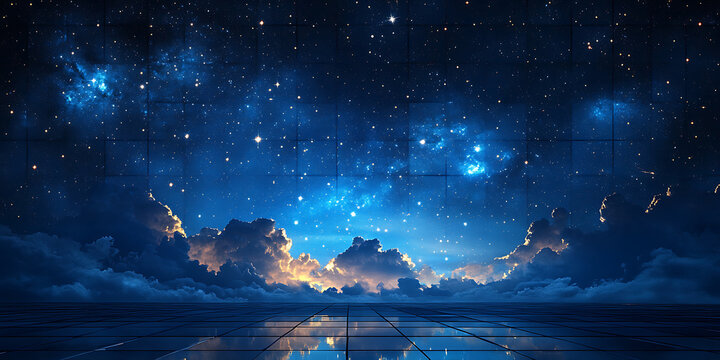 Dreamy night sky above tiled platform with clouds and stars reflecting blue aesthetic luminous landscape generative ai