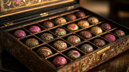Decorative chocolate truffles ornate box with intricate floral patterns, luxurious and colorful, perfect for gifting