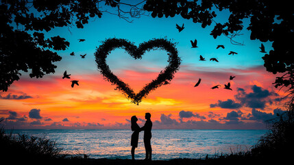 Romantic couple standing beach sunset with heart shaped cloud and flying birds sky, creating romantic and peaceful scene