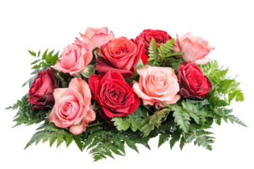 Roses Arrangement: A vibrant bouquet of pink and red roses, artfully arranged with lush green ferns, creates a stunning floral display.