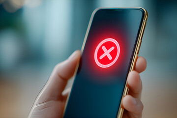 Hand holding smartphone showing red cross symbol on screen