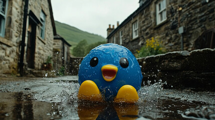 Colorful rubber duck splashing in water on rainy day in rustic village street with stone houses and green hills in background