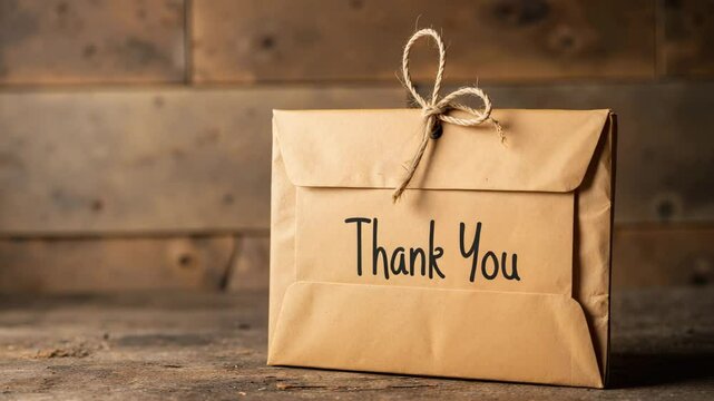 Thank you note in brown envelope on wooden table background  