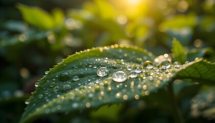 Glistening droplets rest delicately on emerald-green leaves, capturing morning sunlight and reflecting the serenity of a calm dawn.
