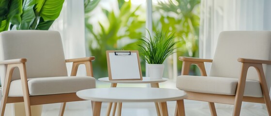 Fototapeta premium Two modern armchairs and a coffee table with plants and a clipboard, set in a bright, inviting room with natural light.
