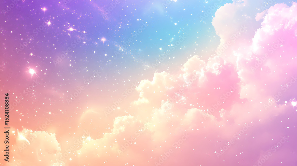 Poster dreamy pastel skyscape with clouds and sparkling stars soft gradient background ideal for fantasy pr
