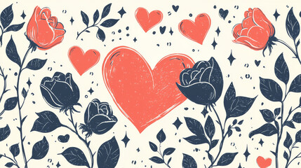 Romantic illustration featuring large red and black hearts surrounded by roses and leaves, with small hearts and sparkles