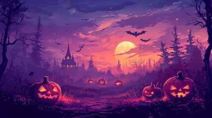 Spooky Halloween night scene with glowing carved pumpkins, bats flying across full moon, haunted castle silhouette