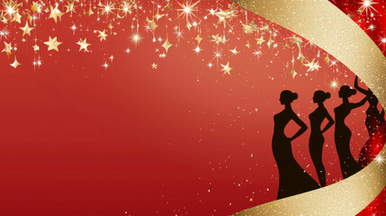 Silhouettes of women elegant dresses standing line against festive red and gold background with stars and sparkles
