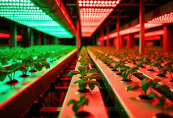 Indoor hydroponic farm with vibrant red and green LED lighting supporting plant growth