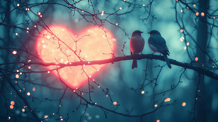 Romantic scene with two birds perched tree branch against glowing heart shaped moon, surrounded by twinkling lights and dreamy